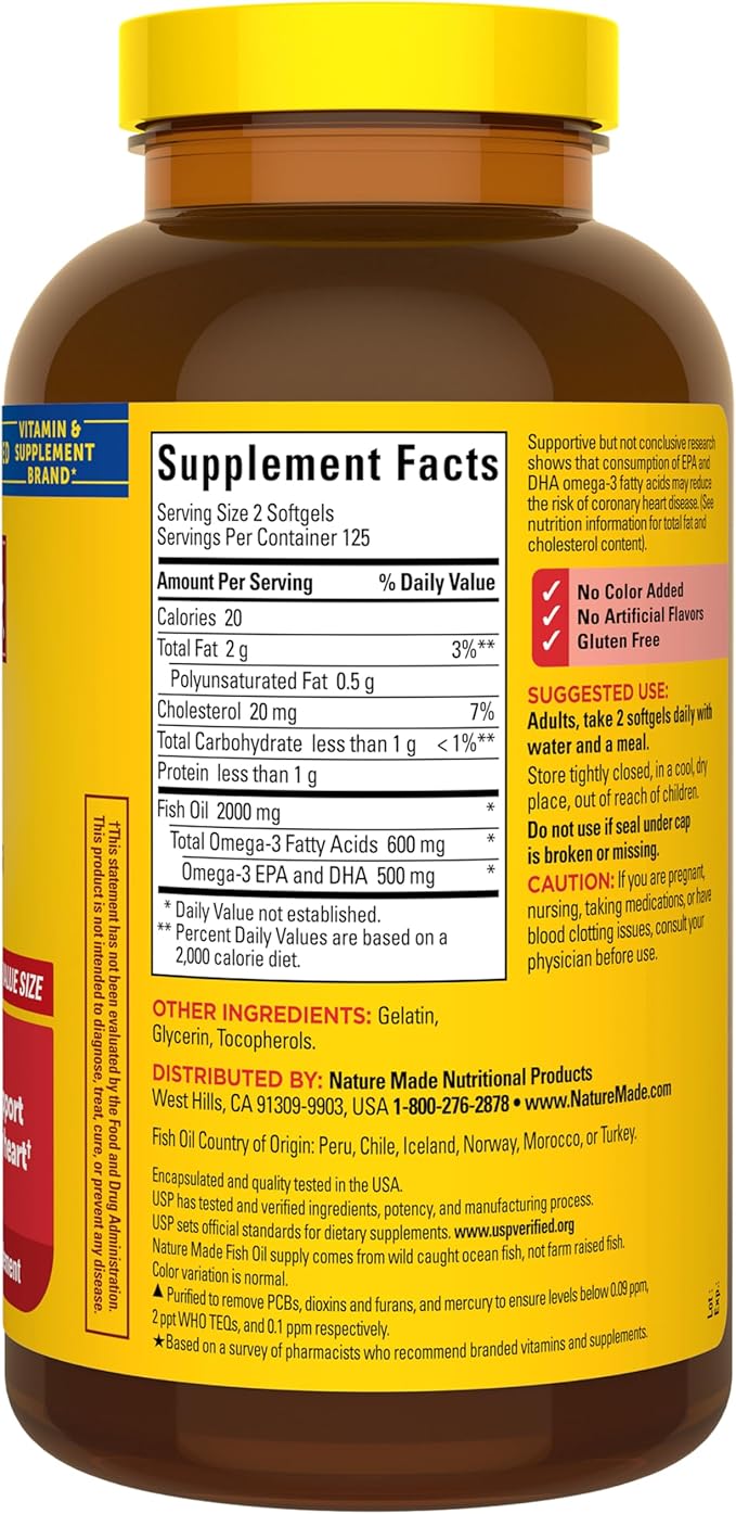 Nature Made Fish Oil Omega 3 Supplements, 2000mg Per Serving Softgels, Omega 3 Fish Oil for Healthy Heart Support, 250 Softgels, 125 Day Supply