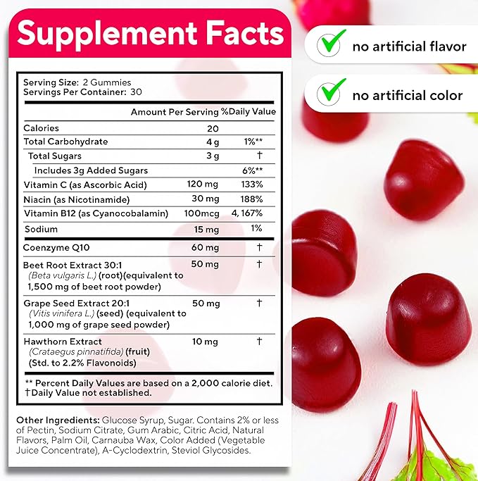 Beet Root Gummies – Beetroot Supplement with CoQ10, Grape Seed, Vitamin C, B12 & B3 – Nitric Oxide Gummies for Circulation Support – Beet Supplement for Energy & Immune Support – 60 Beets Chews