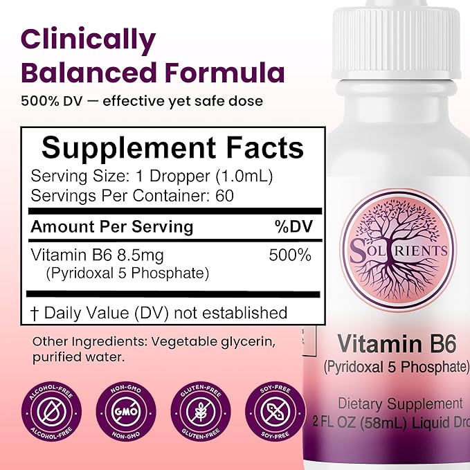 P5P Vitamin B6 Liquid Drops (Pyridoxal 5 Phosphate) – Active Form B6 Supplement – 60 Servings (2 Month Supply) – 2 Fl Oz (58mL) – Solrients