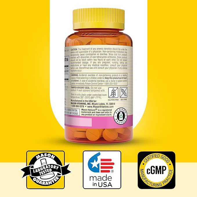 Mason Natural Slow,Release Iron (Ferrous Sulfate) 50 mg Tablets, 180 Day Supply, High Potency Supplement, Gentle on Stomach, 1 Pack