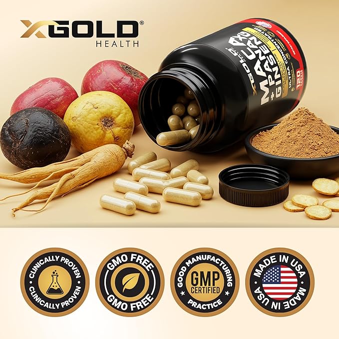 Maca Root Capsules 20:1 Extract + Korean Panax Ginseng10:1 Extract - 20x Concentrated Black + Red + Yellow Maca Root, 10x Concentrated Panax Ginseng Capsules - Ultra Potent & Highly Purified