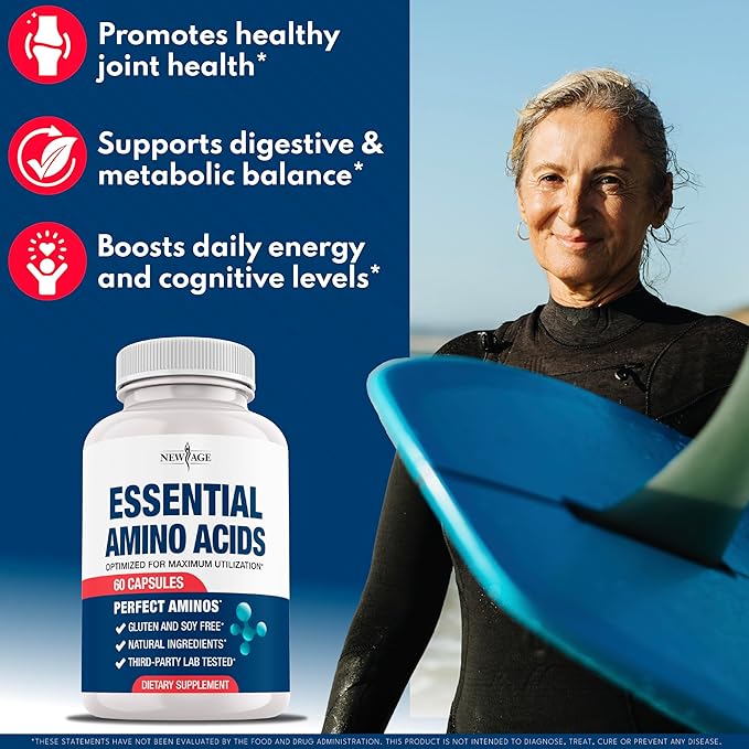 NEW AGE Amino Acid Complex – 20 Aminos with BCAAs, L-Glutamine, L-Arginine & Hyaluronic Acid – Supports Recovery, Energy, Immune Health & Wellness – Non-GMO, Gluten-Free – 120 Capsules