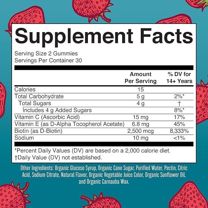 MaryRuth's Hair Skin and Nail Vitamins | USDA Organic | 2500 mcg Biotin Gummies with Vitamin C & Vitamin E | Hair Growth Vitamins | Skin Care | Nail Growth | Ages 14+ | 60 Count