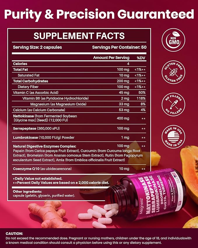 Nattokinase Supplement 12,000 FU (Max Strength) Serrapeptase 360,000 sPU, Lumbrokinase 10,000 FUV & CoQ10 -Systemic Enzymes Complex for Cardiovascular & Circulatory Health Support-100 Capsule
