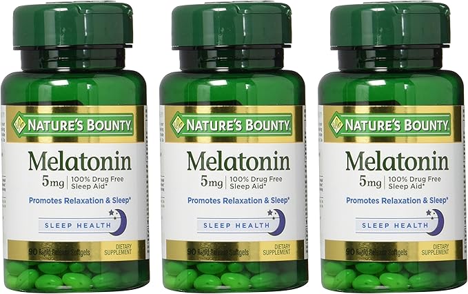 Nature's Bounty Melatonin 100% Drug Free Sleep Aid, Dietary Supplement, Promotes Relaxation and Sleep Health, 5 mg, 90 Count, Pack of 3