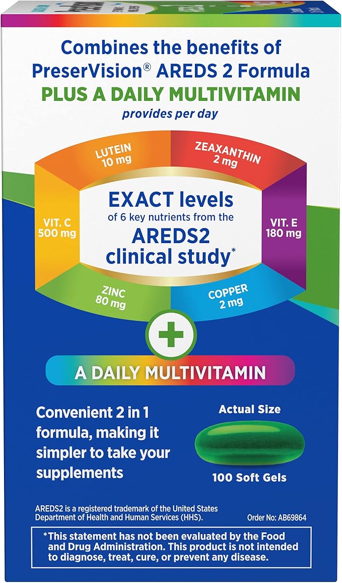 PreserVision AREDS 2 + Multivitamin, #1 Eye Doctor Recommended Brand, 2-in-1 Eye Vitamin with Lutein, Zeaxanthin, Zinc, and Vitamin C, D & E, 100 Softgels