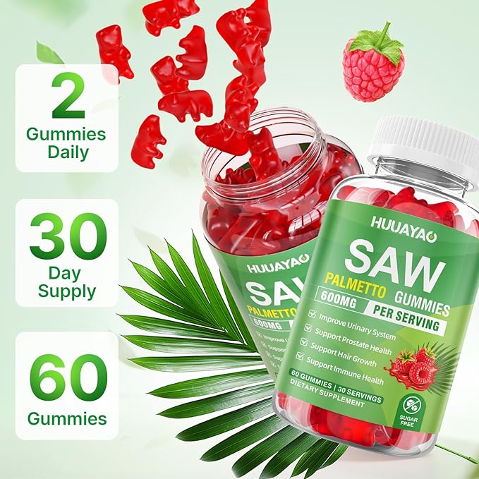 Saw Palmetto Gummies 600mg Saw Palmetto Supplement with Pumpkin Seed Oil, Biotin, Prostate Health Supplements for Men, Advanced DHT Blocker, Hair & Urinary Health Support, Raspberry Flavor, 120 Counts
