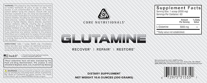 Core Nutritionals Glutamine Amino Acid | Enhance Recovery & Restore L-Glutamine Levels | Immune Support, Muscle Build, Gut Health | 60 Servings (Unflavored)