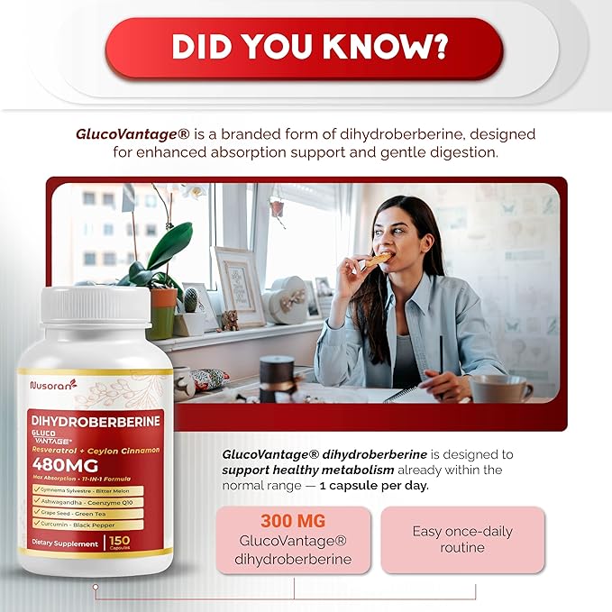 Dihydroberberine - Super Berberine - Patented GlucoVantage 810mg - 5X Absorption - with Resveratrol Cinnamon Grape Seed Extract- Support Metabolism, Digestion