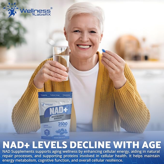 WELLNESS LABSRX NAD+ Supplement - Third-Party Tested NMNH Supplement Softgels, NAD Resveratrol 2500mg NAD Supplements for Anti-Aging, Longevity, and Cellular Health Support - Made in USA