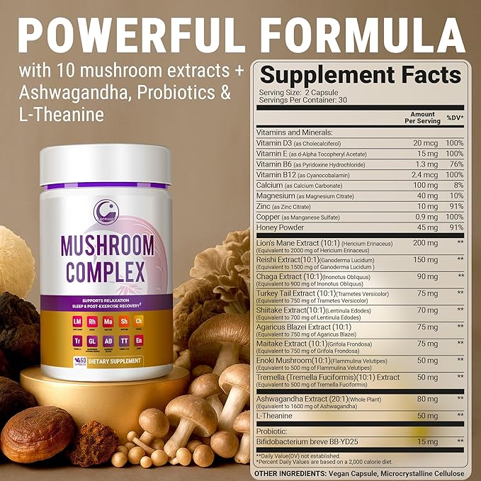 LEGRANO Premium Evening Mushroom Supplement Capsules with Lion’s Mane, Reishi Mushroom, Turkey Tail, Chaga, Ashwagandha, L-Theanine, Vitamins & Minerals – Adaptogenic Mushrooms for Relaxation & Sleep