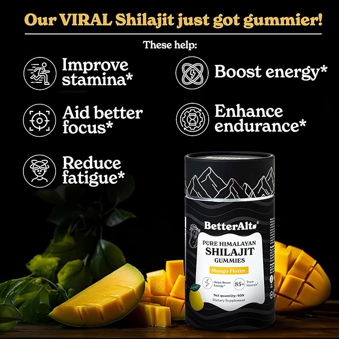 Better Alt Pure Himalayan Shilajit Gummies with Shilajit |High Potency Gold Grade| 60 Gummies for Energy Boost & Immune Support, 75 Percent + Fulvic Acid| Travel Friendly Mango Flavor