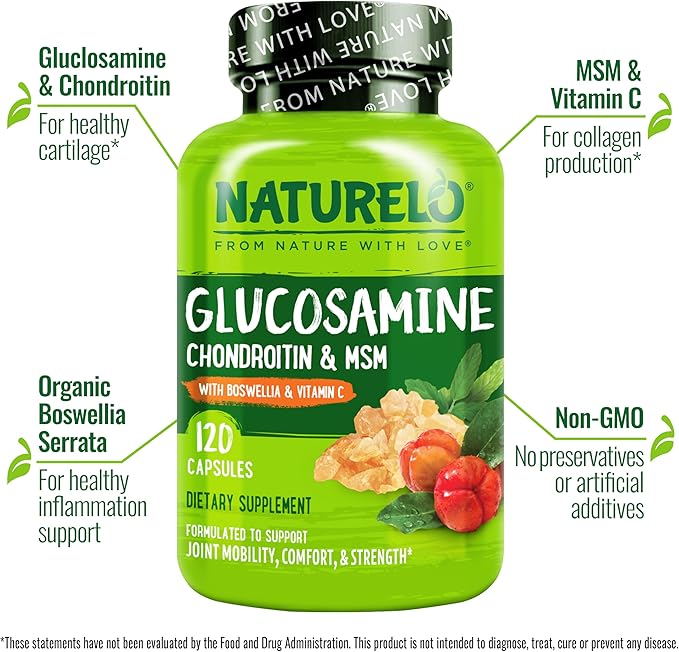 NATURELO Glucosamine Chondroitin MSM with Boswellia and Vitamin C - Supplement for Joint Comfort, Mobility, and Strength - 120 Capsules (Pack of 2)