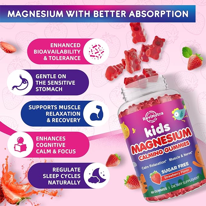 Magnesium Gummies for Kids - Magnesium Glycinate Gummies with L-Theanine, Chamomile, Vitamin B6, D for Kids & Adults Sleep, Stress, Muscle Relief & Nerve Bone - Sugar Free Strawberry 60ct