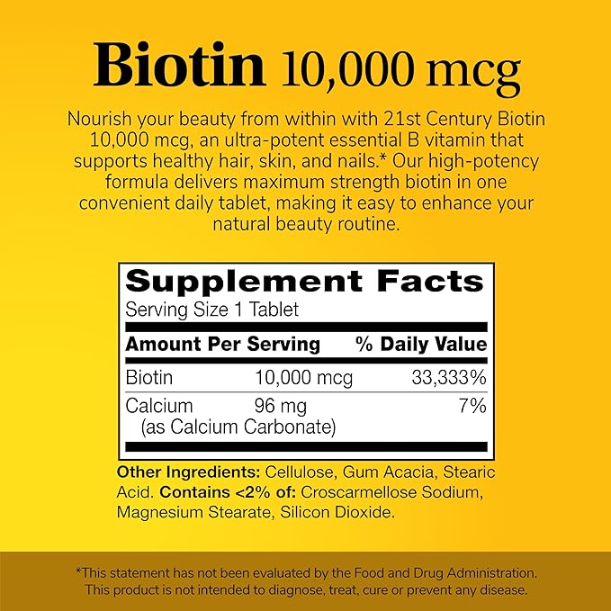 21st Century Biotin 10,000 mcg Tablets (360 Count), High Potency Biotin Supplement, Supports Hair, Skin & Nail Health, Gluten & Sugar-Free, Daily Vitamin B7 Supplement, Non-GMO
