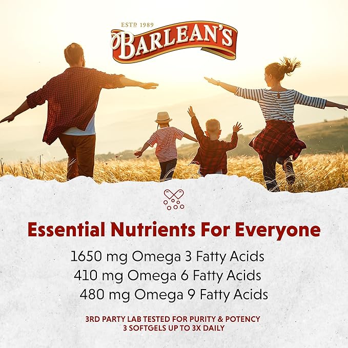 Barlean's Vegan Flaxseed Oil Supplements, Cold-Pressed Flax Seed Supplement Softgels with 1650 mg ALA Fatty Acids, 100 Count