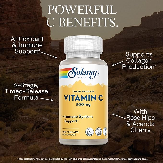 SOLARAY Vitamin C 500mg, Two-Stage Timed Release - Antioxidant and Immune Support Supplement - Vitamin C with Rose Hips and Acerola, Vegan, Gluten Free, 60-Day Guarantee, 100 Servings, 100 VegCaps