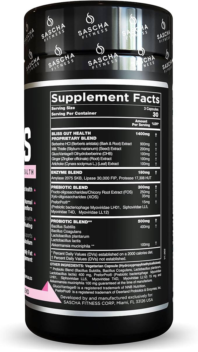 SASCHA FITNESS®️Gut and Digestive Health Support Pills | Prebiotics, Probiotics & Enzyme Blend |Berberine HCI,Gluco Vantage®|Helps with Bloating,Fat Loss, Cravings,Glucose Metabolism,30 Day Supply