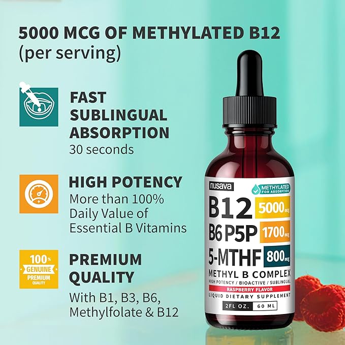 (2-Pack) Methylated B Complex Liquid Drops with Active L-Methylfolate - B12 Sublingual Drops, Vitamin B Complex - Vegan B 12 Vitamin 5000mcg, Non-GMO, Raspberry Flavor, No Sugar, 2 Fl oz, 80 Servings