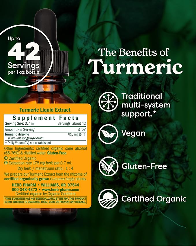 Herb Pharm Certified Organic Turmeric Root Extract for Musculoskeletal System Support - 1 Ounce (DTURM01)