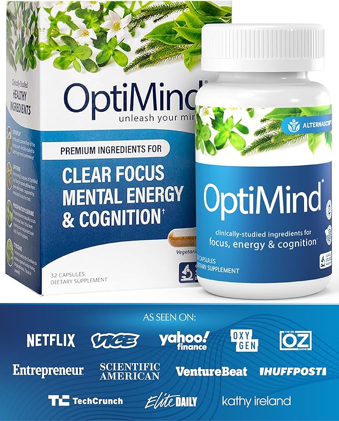 Optimind Brain Supplement for Memory and Focus, Nootropic with Synapsa®, Phosphatidylserine, Vitamin B1 B12, Non-GMO, Mental Clarity, Cognitive Support, Clinically Studied Ingredients, 32 Capsules