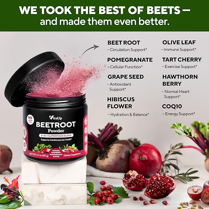 Beet Root Powder 8 in 1 – USA Made Beets Powder Supplements with Grape Seed, Hawthorn, Coq10 – with Organic Beetroot for Energy & Circulation Support – Non-GMO, 30 Serving