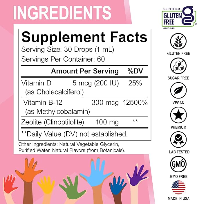 Zeolite Detox for Kids Lingo Drops - Natural Lingo Zeolite Drops for Kids Methylated B12 & D3 Advanced Clinoptilolite - Pure Extra Clinoptilolite Leap Liquid Detox Body Cleanse Supplement Ages 3+, 2oz