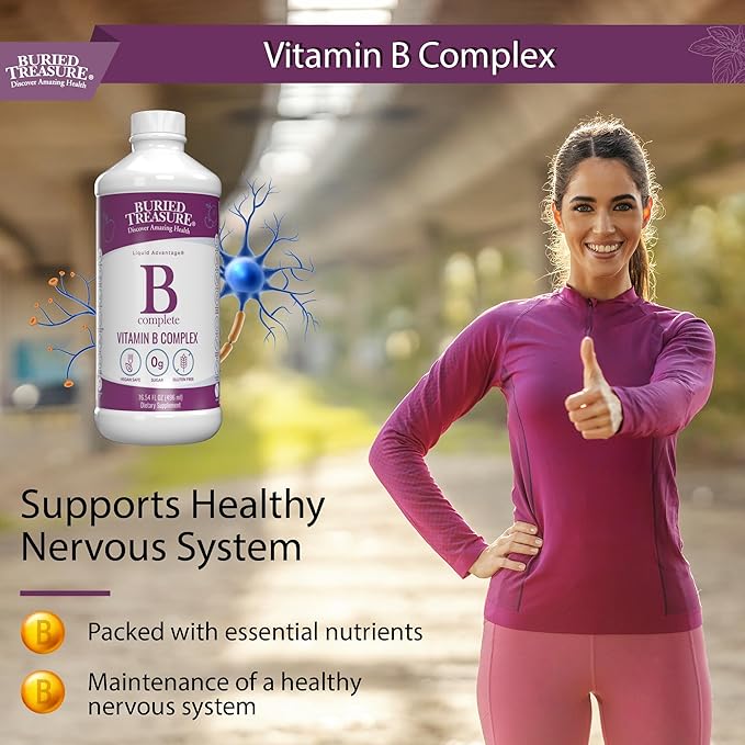 Buried Treasure B Complete - Liquid Vitamin B Complex with MethylCobalamin B12 & MethylFolate B9, Biotin, B1, B2,B3, B5, B6, Liquid & Sugar-Free, Women & Men, Dose Cup for Measuring