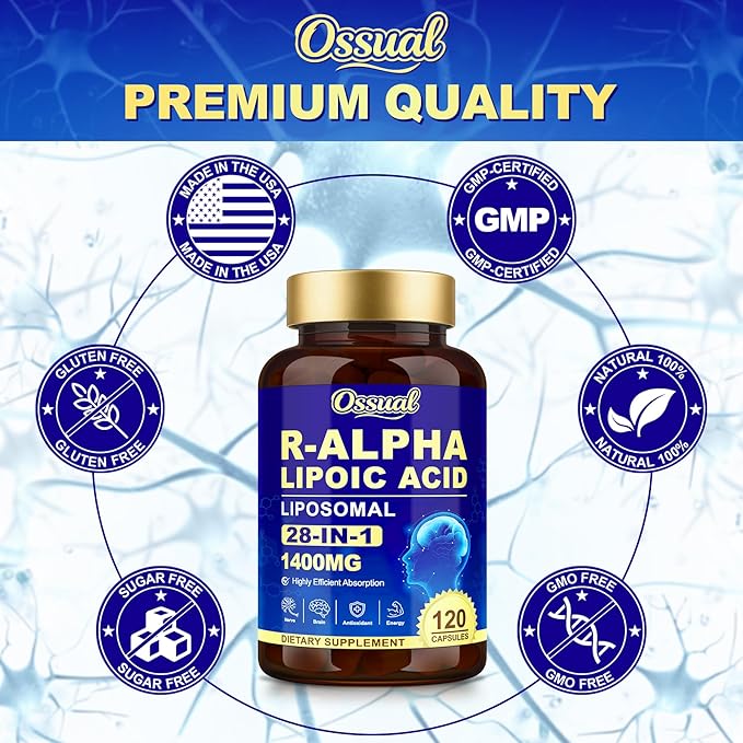 1400MG R Alpha Lipoic Acid, 28-in-1 Stabilized ALA Supplements, Neuropathy Supplements with L-Carnitine, NAC & B-Complex, R-ALA Supplement Antioxidant for Nerve, Brain, Energy丨Vegan, 120 Capsules