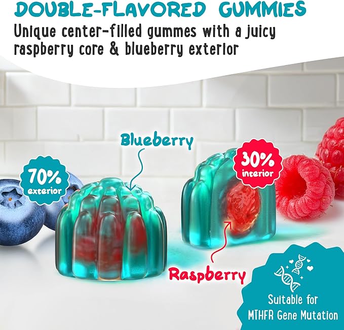 OH MY CHEWY Center-Filled 5-MTHF Folate L-Methylfolate Gummies - Sugar-Free MTHFR Vitamins B Complex Support with Methylated B1, B6 and B12 Cofactor - Mood, Behavior, Cognition - 60 Count