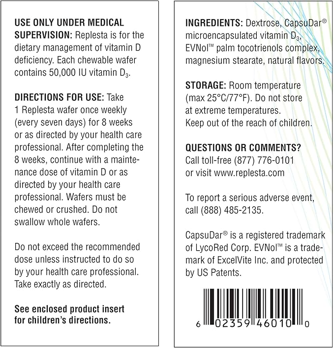 Replesta 50,000 IU Vitamin D3 Cholecalciferol, for Vitamin D Deficiency, Once-Weekly Chewable Wafer, Non-GMO, Natural Orange Flavor, 4 Pack (Pack of 2)