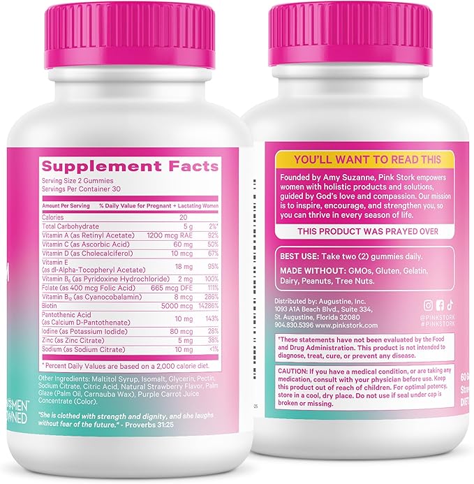 Pink Stork Postpartum Hair Loss Gummies | Biotin, Pantothenic Acid, Vitamin E, B6, B12 | Postnatal Hair Growth + Regrowth Support | Breastfeeding-Friendly | Postpartum Essentials | 60 Gummies