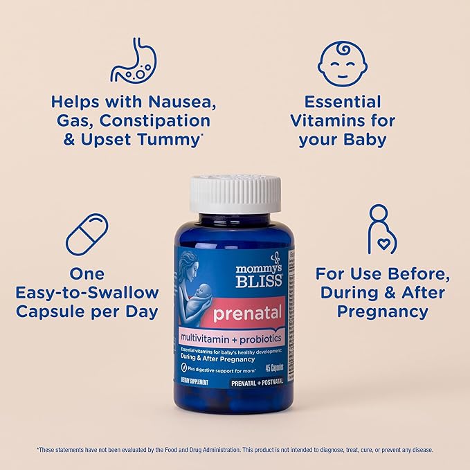 Mommy's Bliss Prenatal Multivitamin Probiotic for Women w/Folic Acid, Supports Baby Development & Digestion w/Zinc, Vitamin B6 & B12, Ginger & Choline, Vegan & Gluten Free (45 Servings) (Pack of 2)