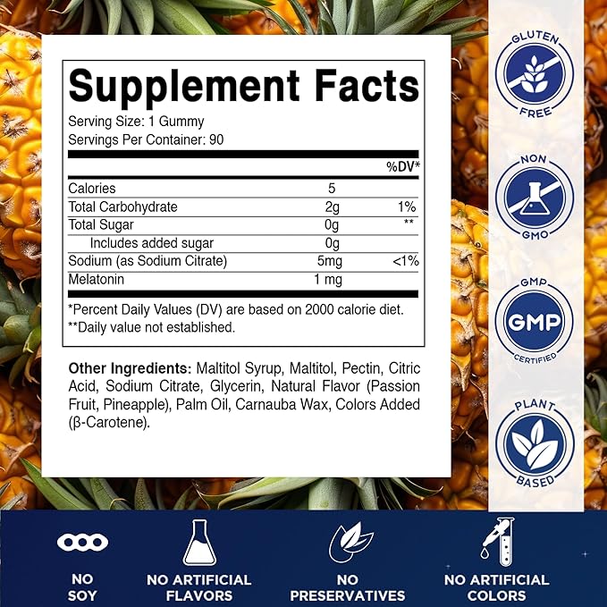 Vitamatic Sugar Free Kids Melatonin 1mg, 90 Gummies, Pineapple & passionfruit Flavored Gummies, 90 Days Supply (Pack of 2)