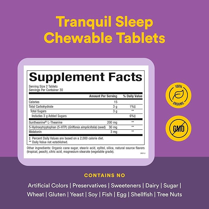 Natural Factors Tranquil Sleep - Calm Sleep Health Supplement - Relaxation Support Supplement with Melatonin & 5-HTP - 120 Chewable Tablets (60 Servings)