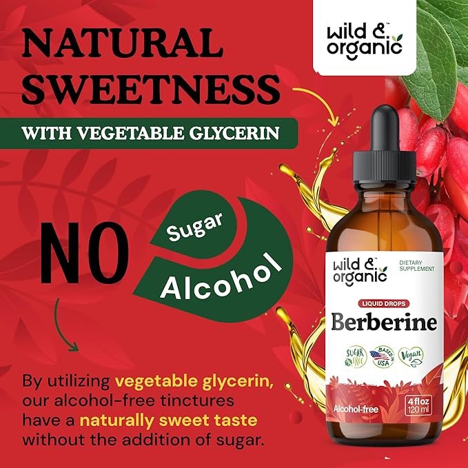 Wild & Organic Berberine Drops - Antioxidant Support - Liquid Berberine HCL 500mg - Add to Tea Supplement - Berberis Aristata Bark Extract - Pure, Vegan, Alcohol & Sugar-Free Tincture - 4 fl oz