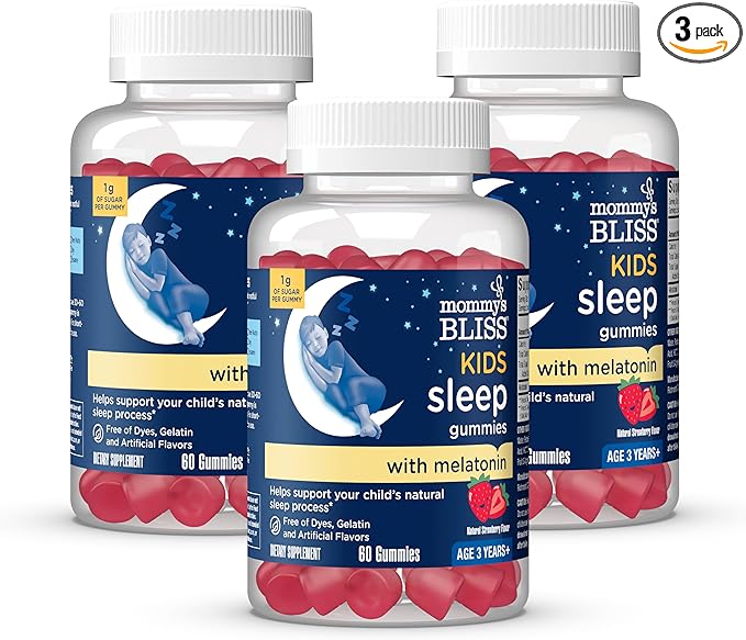 Mommy's Bliss Kids Sleep Gummies with Melatonin, Support Your Natural Sleep Process, Age 3 Years to Adults, Strawberry Flavor, 1G of Sugar, 60 Gummies (Pack of 3)