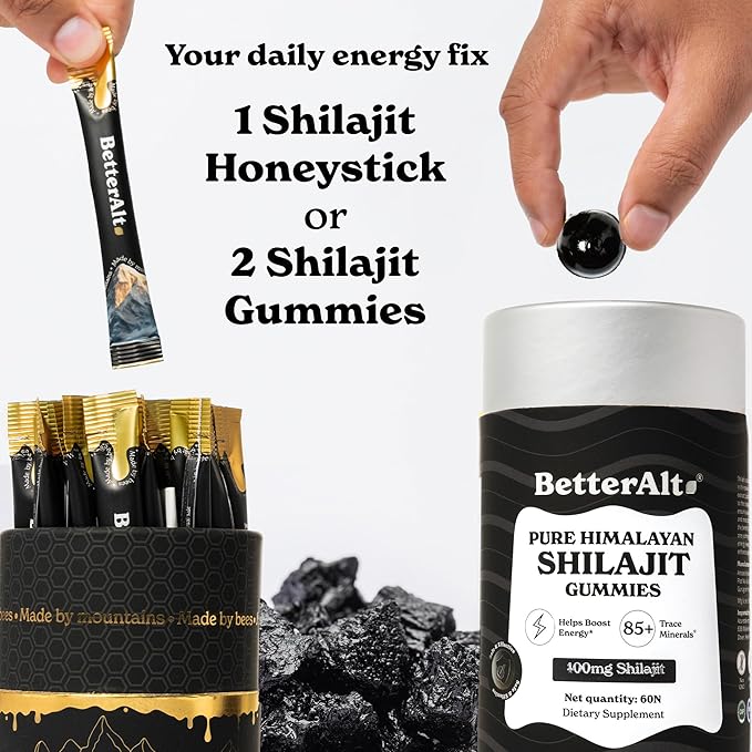 Better Alt Ultimate Power Up Duo | Shilajit Gummies + Shilajit Gold+ Honey Sticks | 3rd-Party Lab Tested | 1 Month Pack - Helps Boost Energy
