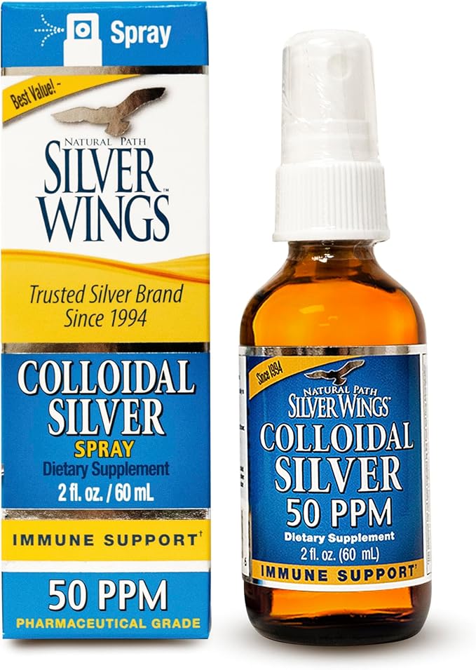 Natural Path Silver Wings Colloidal Silver Liquid - Daily Immune Support Supplement - 50ppm (250mcg) - 2 fl oz Spray