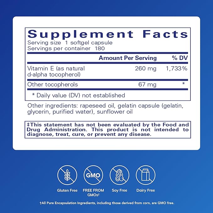 Pure Encapsulations Vitamin E (with Mixed Tocopherols) - Antioxidant Protection & Cellular Function - Contains Mixed Tocopherols - Non-GMO - 180 Softgel Capsules