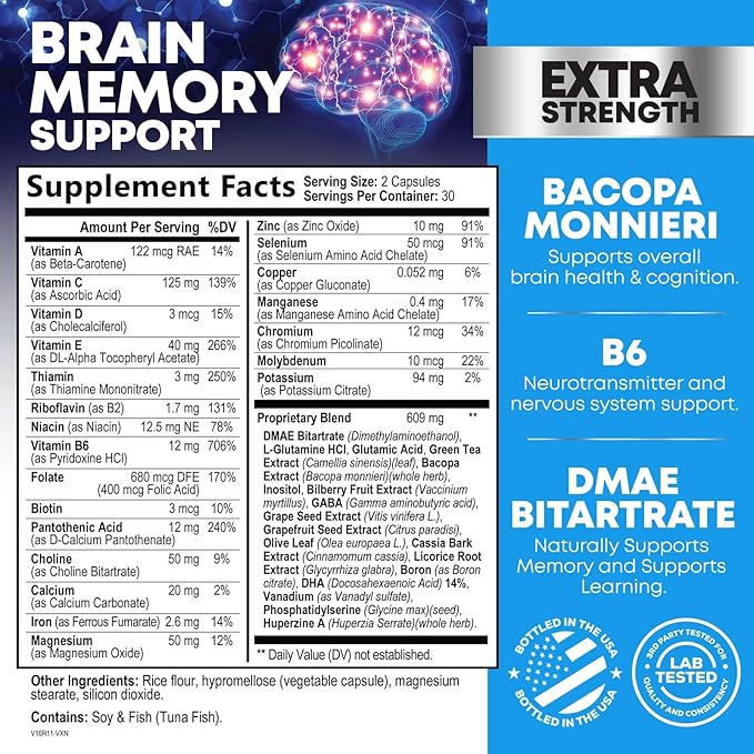 Brain Memory Supplement Pills - 3X Strength Nootropics for Concentration, Clarity & Focus Support - Brain Health Cognitive Vitamins with Bacopa, Phosphatidylserine & DMAE, Brain Booster - 60 Capsules