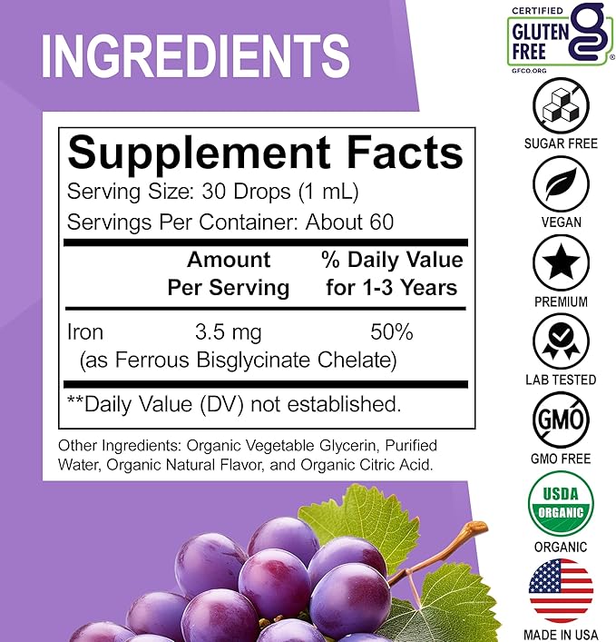 Iron Supplement for Toddlers & Kids - Organic Liquid Iron Drops for Kids, Toddler, Baby, Infant, Toddlers Supplements Ages 1-3 - Organic Vegan Toddler Liquid Drops Supplement, Gluten Free, Non-GMO 2oz