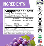 Iron Supplement for Toddlers & Kids - Organic Liquid Iron Drops for Kids, Toddler, Baby, Infant, Toddlers Supplements Ages 1-3 - Organic Vegan Toddler Liquid Drops Supplement, Gluten Free, Non-GMO 2oz
