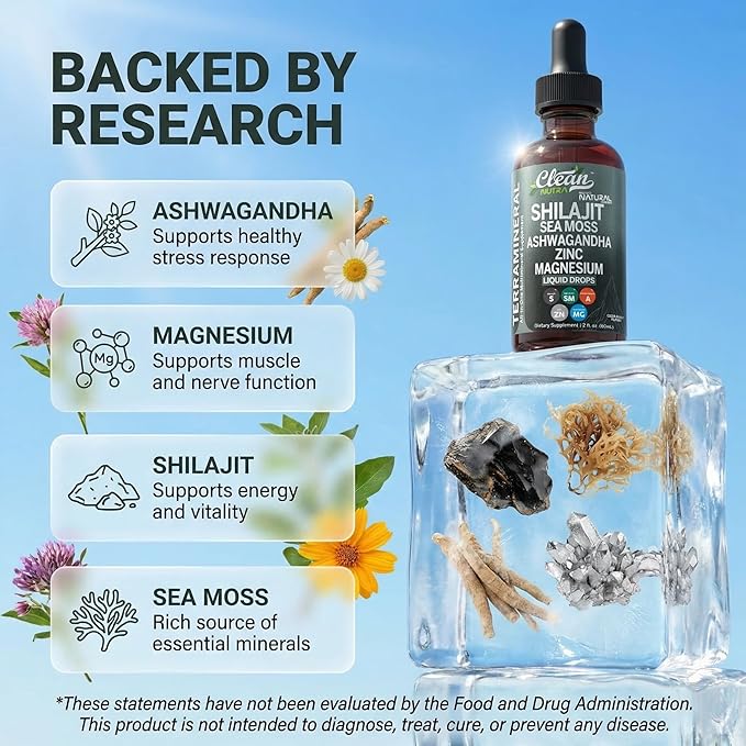 Clean Nutraceuticals Shilajit Liquid Drops with Sea Moss, Ashwagandha, Zinc, Magnesium, Liquid Vitamins for Women and Men - Terra Mineral