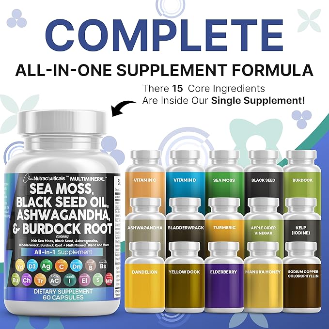 Clean Nutraceuticals Sea Moss Black Seed Oil Ashwagandha Turmeric Bladderwrack Burdock & Vitamin C Vitamin D3 with Elderberry Manuka Dandelion Yellow Dock Iodine Chlorophyll ACV - 2Pack (Pack of 2)