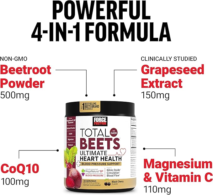 Force Factor Total Beets Ultimate Heart Health Blood Pressure Support with CoQ10, Beet Root Powder, Grape Seed Extract, Blood Pressure Supplement for Circulation, Black Cherry, 30 Servings