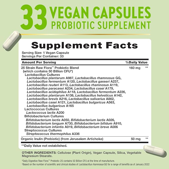 Raw Flora Probiotics with Prebiotics | 50 Billion CFU | 33 Daily Digestive Capsules | Vegan, Non-GMO & Gluten Free Supplement for Women and Men