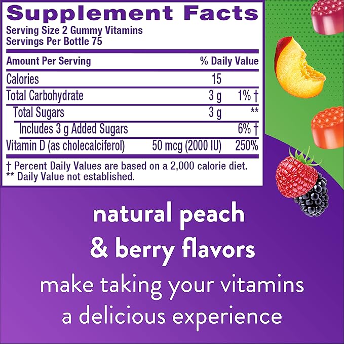 Vitafusion Fiber Well Sugar Free Fiber Supplement & Vitamin D3 Gummy Vitamins for Bone and Immune System Support, Peach, BlackBerry and Strawberry Flavored, 50 mcg Vitamin D, 75 Day Supply, 150 Count