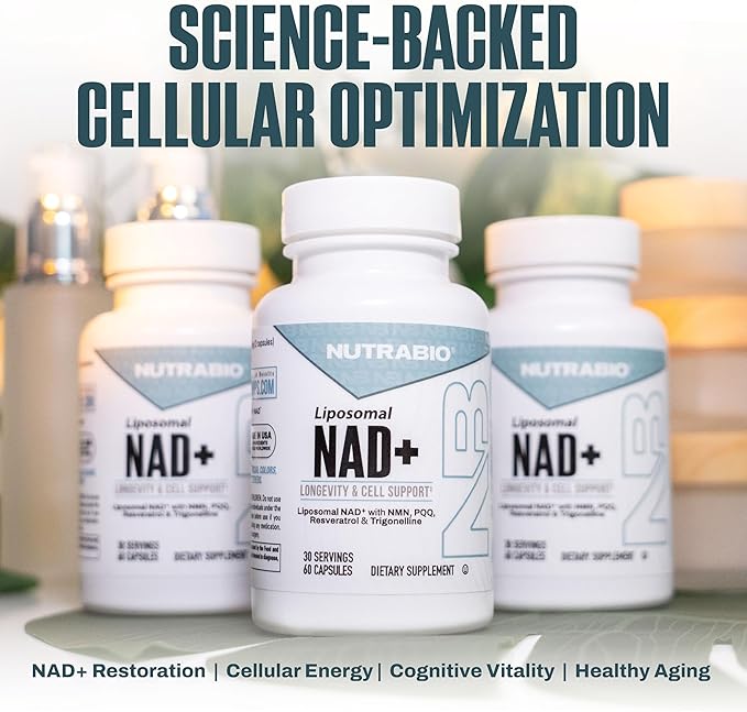 NutraBio Liposomal NAD+ Supplement with Resveratrol, NMN & PQQ for Longevity and Cell Support for Men and Women, Long-Term Vitality, 60 Capsules