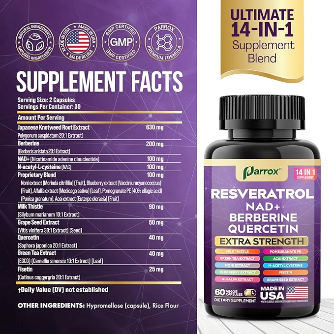 Resveratrol Supplement with Milk Thistle, NAD, Berberine, Quercetin, Fisetin, Pomegranate, Green Tea, Noni, Acai, Blueberry, Grape Seed Extracts, N-Acetyl Cysteine, 14-in-1 Extra Strength (60 Caps)